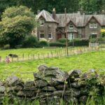 Stone wall in foreground with rural house behind